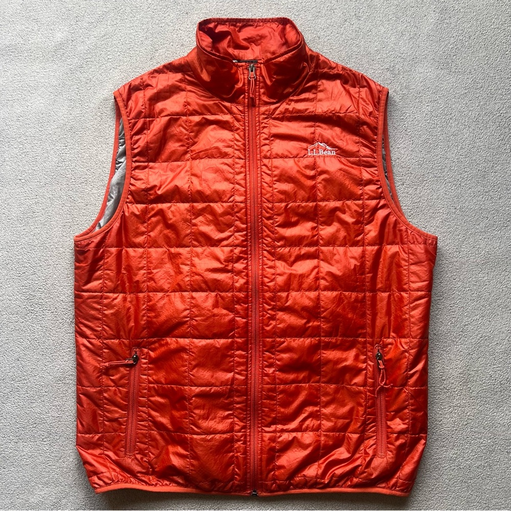 LL Bean Vest Mens Large Orange Puffer Lined Insulated Primaloft Quilt Packaway
